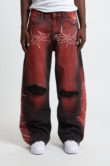 DENIM BAGGY BARBED WIRE BLACK/RED
